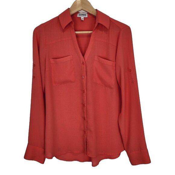Express Portofino Shirt Small Coral Button Up Lightweight Roll Tab Sleeve - Picture 1 of 7